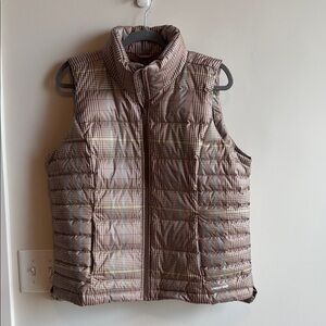 Lands' End Brown Plaid Quilted Vest with Blue and Pink Accents